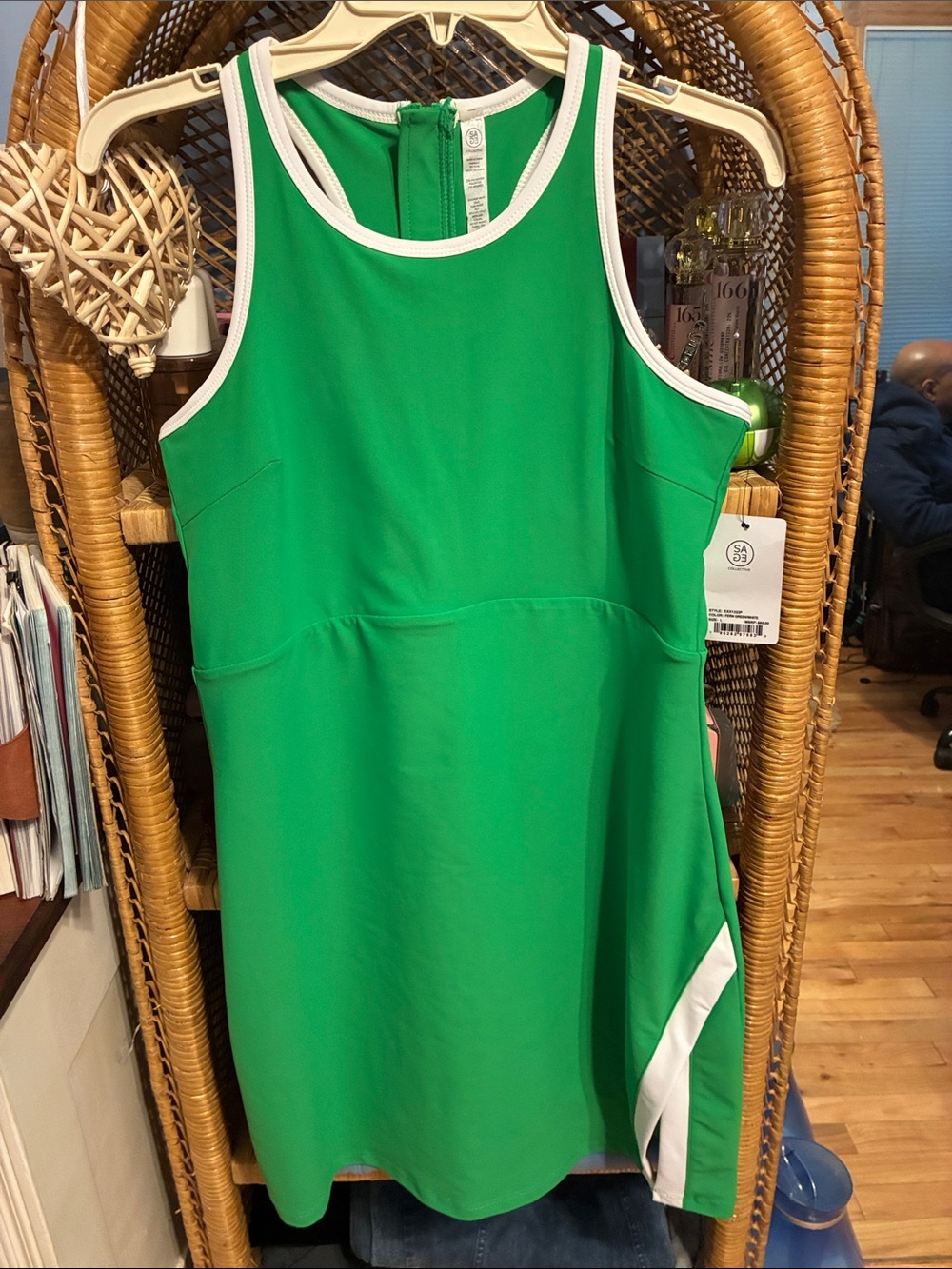 Green Sleeveless Midi Dress with White Trim. Fabric is very soft, not itchy.